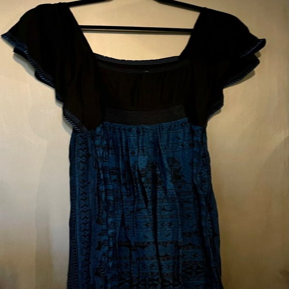 Free People Retro Boho Black & Blue vintage style peasant dress - Picture 3 of 12
